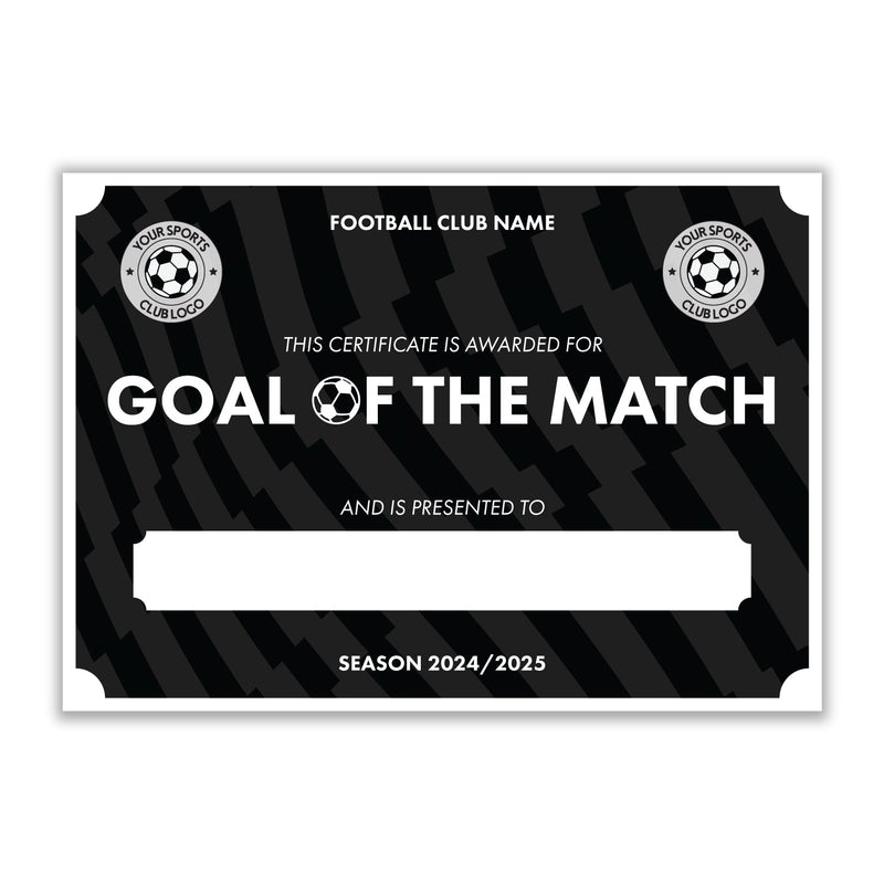 Personalised Football Club Certificates - Goal Of The Match Custom Design (9 Colours)