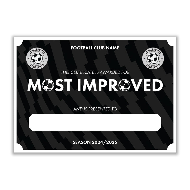 Personalised Football Club Certificates - Most Improved Player Custom Design (9 Colours)