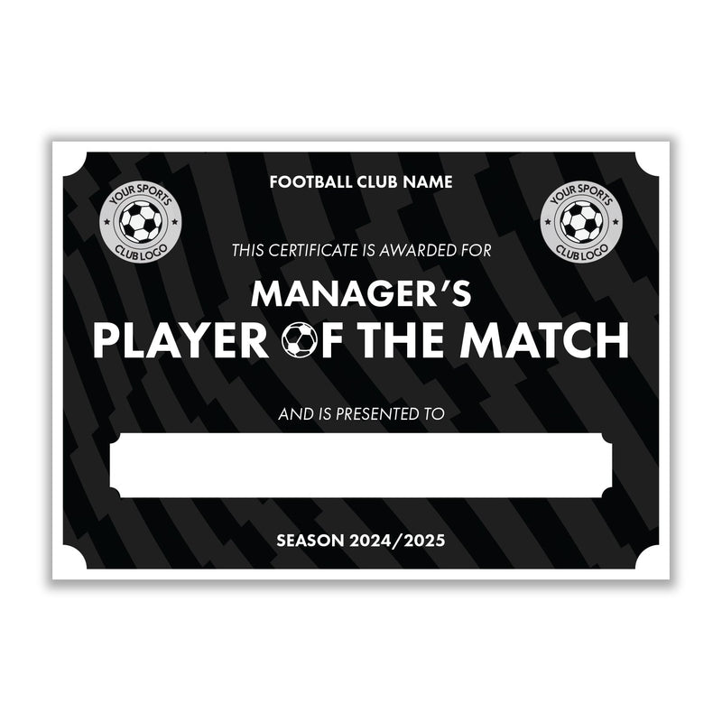 Personalised Football Club Certificates - Manager's Player Of The Match Custom Design (9 Colours)