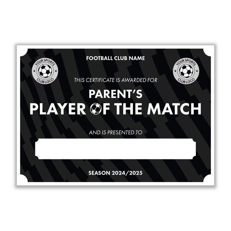 Personalised Football Club Certificates - Parent's Player Of The Match Custom Design (9 Colours)