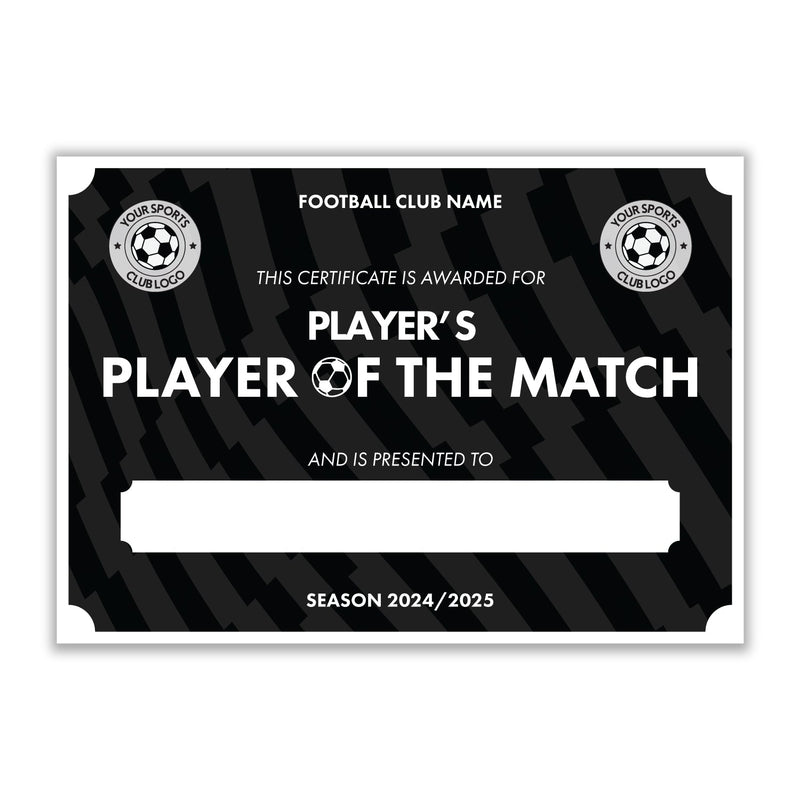 Personalised Football Club Certificates - Player's Player Of The Match Custom Design (9 Colours)