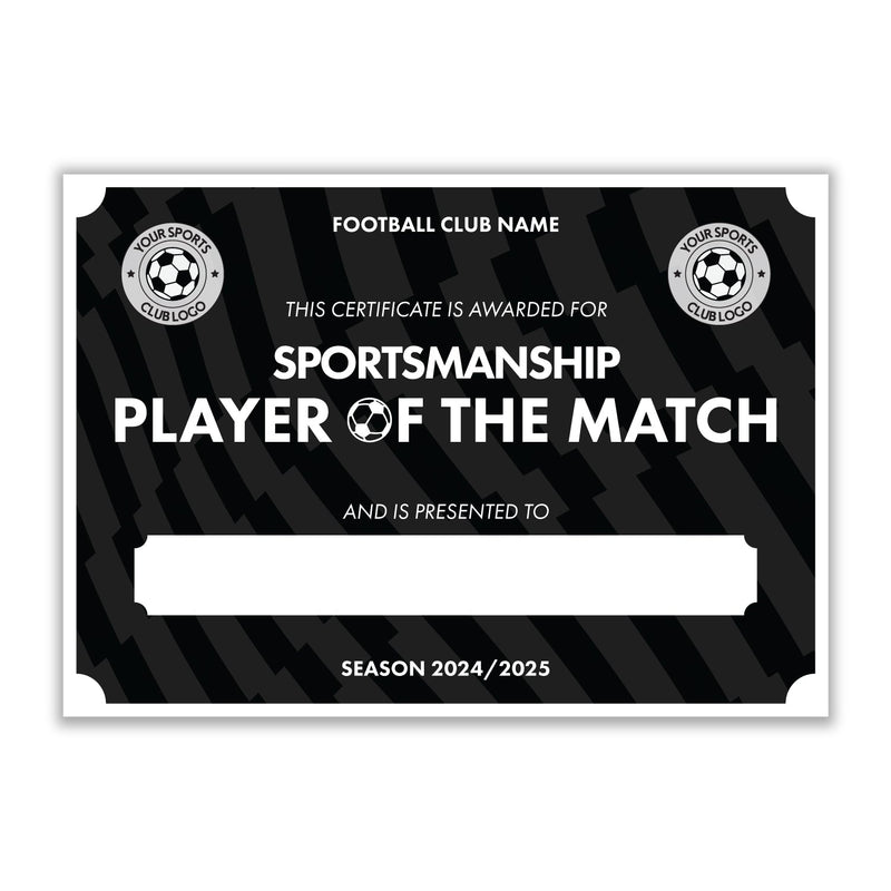 Personalised Football Club Certificates - Sportsmanship Player Of The Match Custom Design (9 Colours)