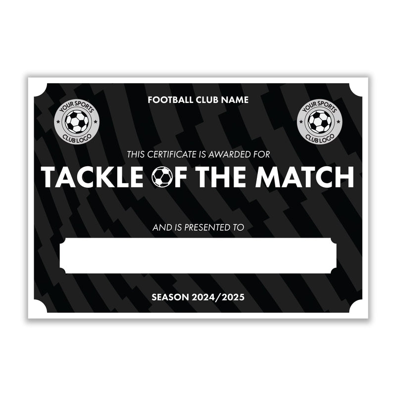 Personalised Football Club Certificates - Tackle Of The Match Custom Design (9 Colours)