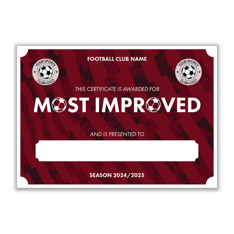 Personalised Football Club Certificates - Most Improved Player Custom Design (9 Colours)
