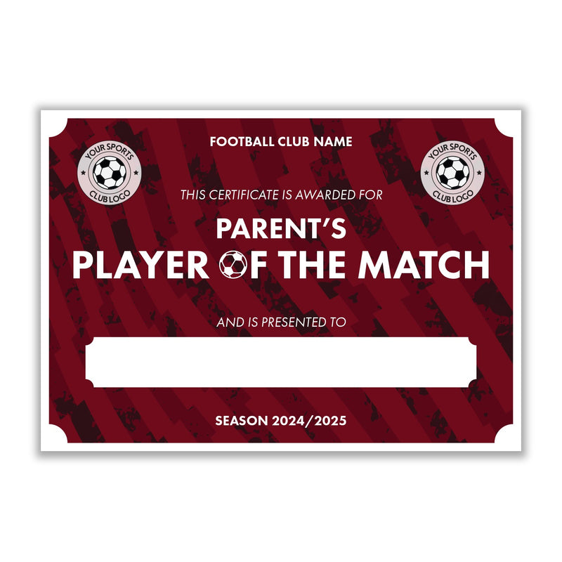 Personalised Football Club Certificates - Parent's Player Of The Match Custom Design (9 Colours)