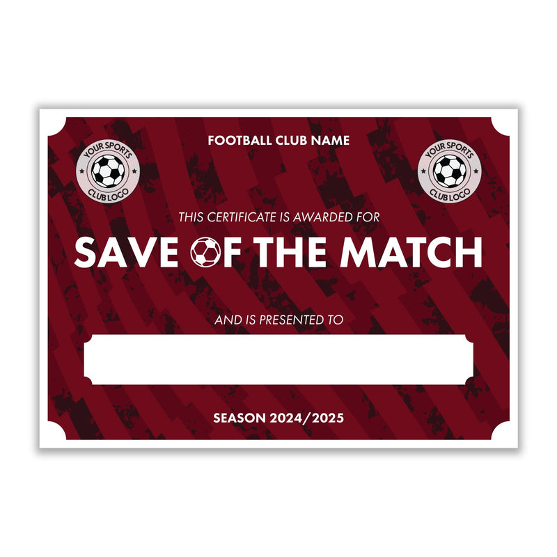 Personalised Football Club Certificates - Save Of The Match Custom Design (9 Colours)