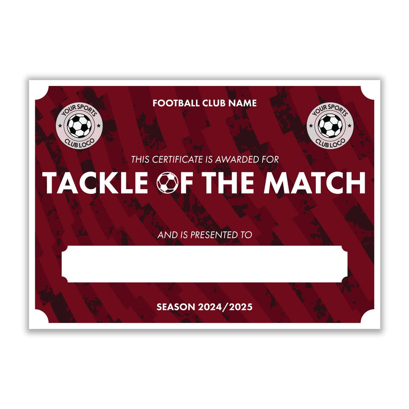 Personalised Football Club Certificates - Tackle Of The Match Custom Design (9 Colours)