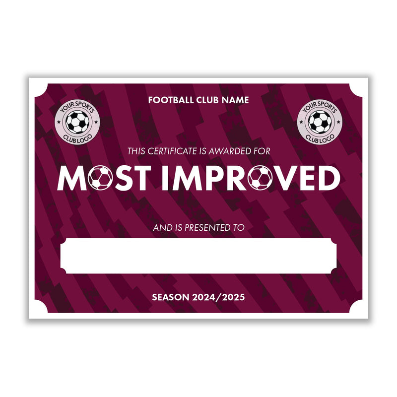 Personalised Football Club Certificates - Most Improved Player Custom Design (9 Colours)