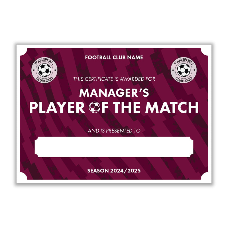 Personalised Football Club Certificates - Manager's Player Of The Match Custom Design (9 Colours)