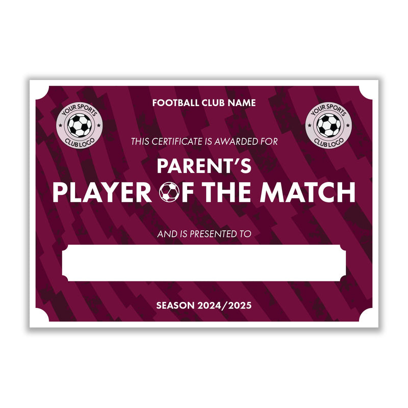Personalised Football Club Certificates - Parent's Player Of The Match Custom Design (9 Colours)