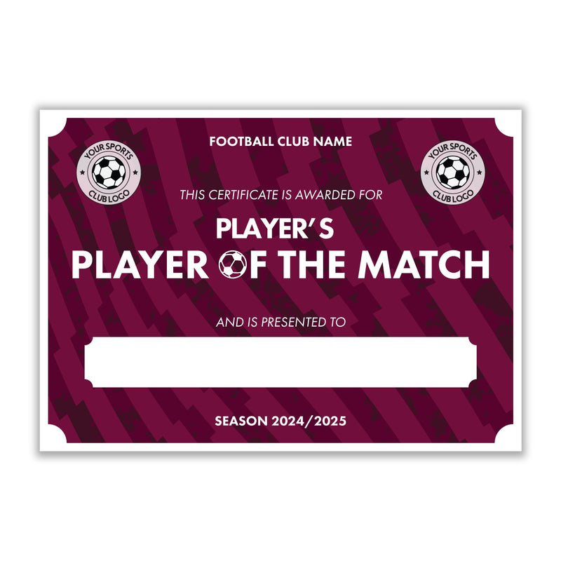 Personalised Football Club Certificates - Player's Player Of The Match Custom Design (9 Colours)