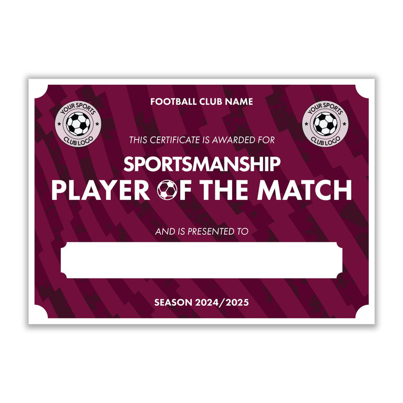 Personalised Football Club Certificates - Sportsmanship Player Of The Match Custom Design (9 Colours)