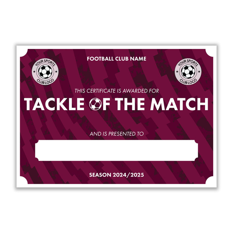 Personalised Football Club Certificates - Tackle Of The Match Custom Design (9 Colours)
