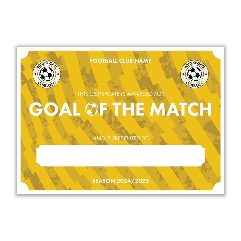 Personalised Football Club Certificates - Goal Of The Match Custom Design (9 Colours)