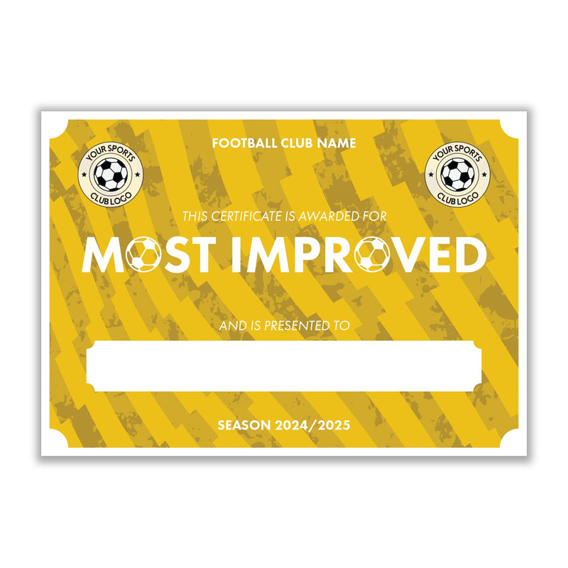 Personalised Football Club Certificates - Most Improved Player Custom Design (9 Colours)