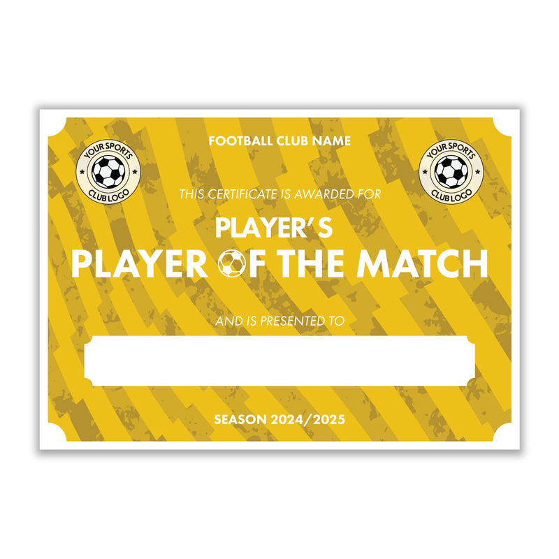 Personalised Football Club Certificates - Player's Player Of The Match Custom Design (9 Colours)