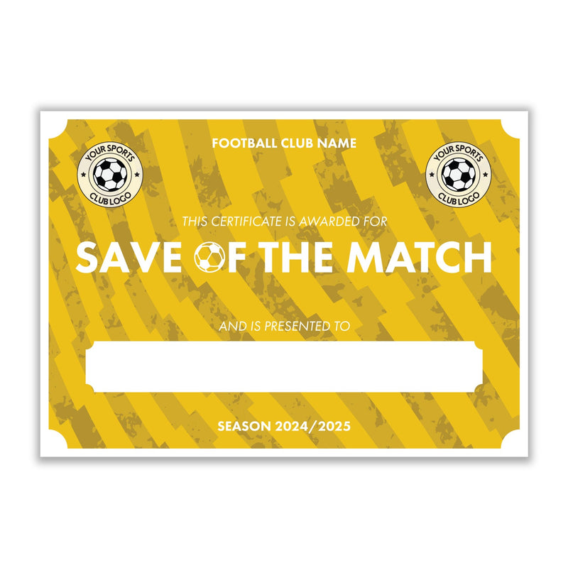 Personalised Football Club Certificates - Save Of The Match Custom Design (9 Colours)