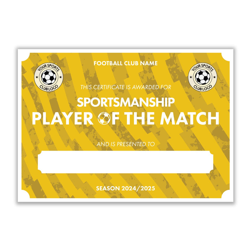 Personalised Football Club Certificates - Sportsmanship Player Of The Match Custom Design (9 Colours)