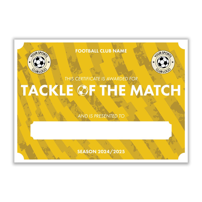 Personalised Football Club Certificates - Tackle Of The Match Custom Design (9 Colours)