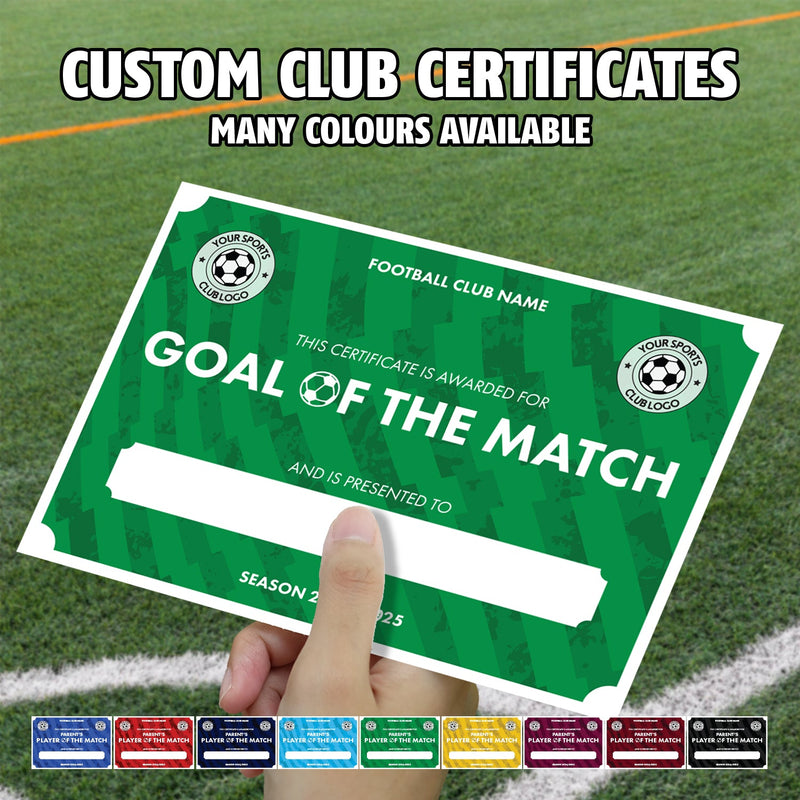 Personalised Football Club Certificates - Goal Of The Match Custom Design (9 Colours)