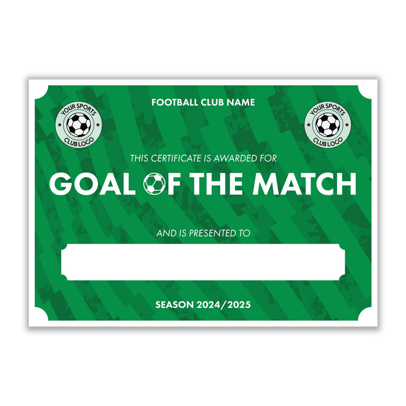 Personalised Football Club Certificates - Goal Of The Match Custom Design (9 Colours)