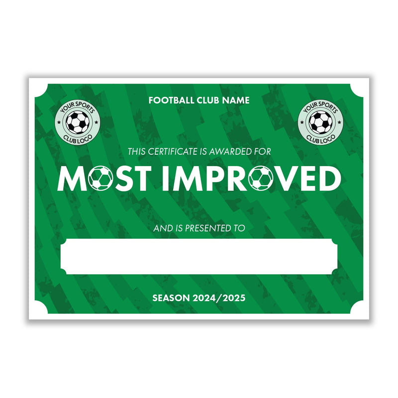 Personalised Football Club Certificates - Most Improved Player Custom Design (9 Colours)