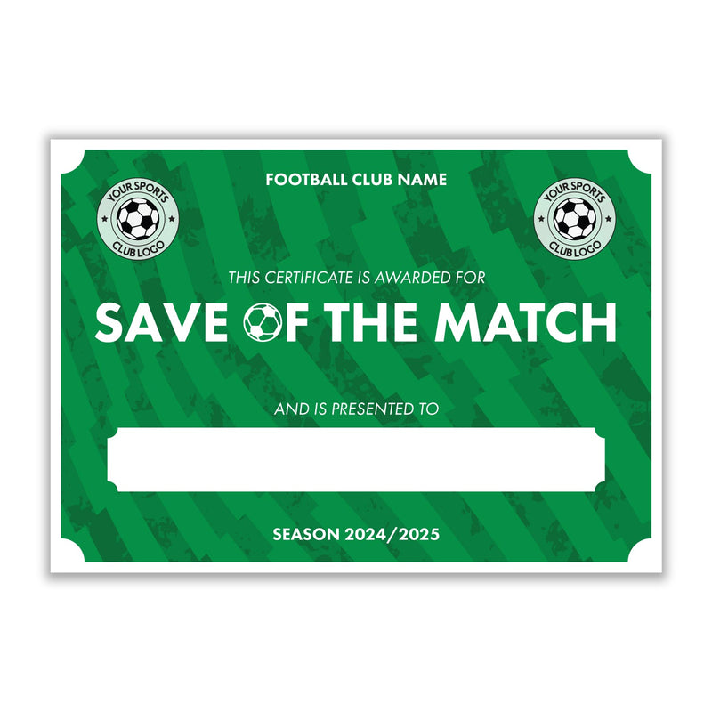Personalised Football Club Certificates - Save Of The Match Custom Design (9 Colours)