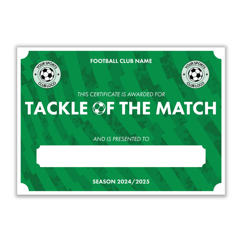 Personalised Football Club Certificates - Tackle Of The Match Custom Design (9 Colours)