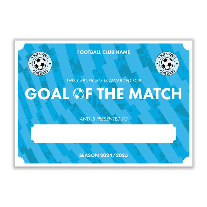 Personalised Football Club Certificates - Goal Of The Match Custom Design (9 Colours)