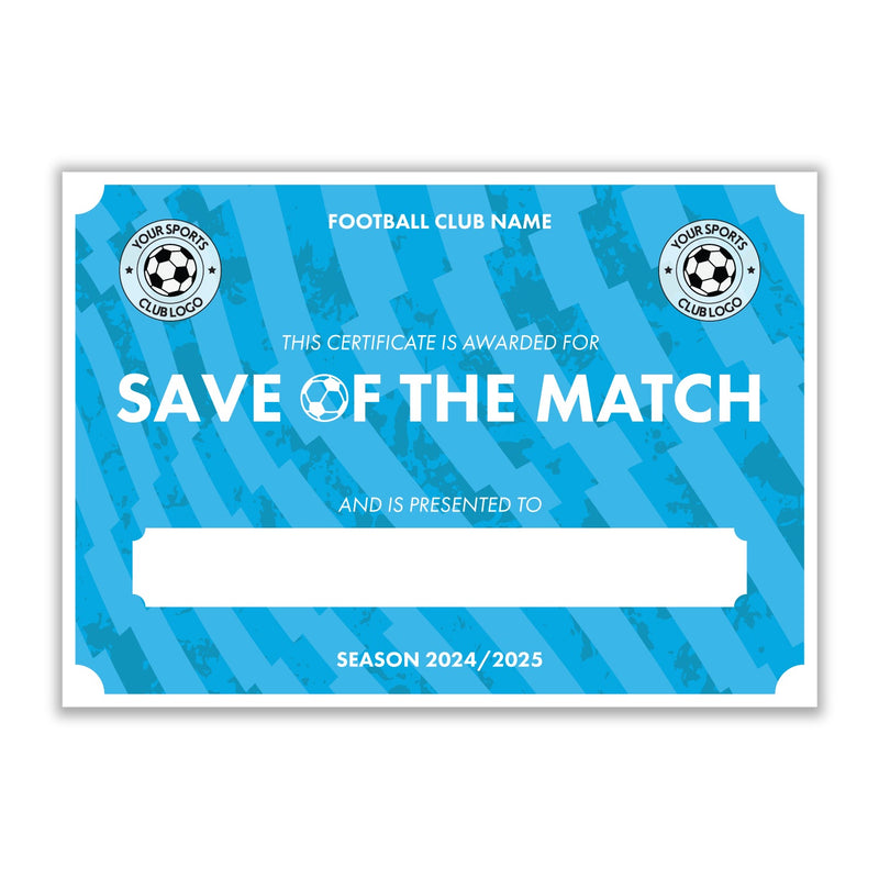 Personalised Football Club Certificates - Save Of The Match Custom Design (9 Colours)