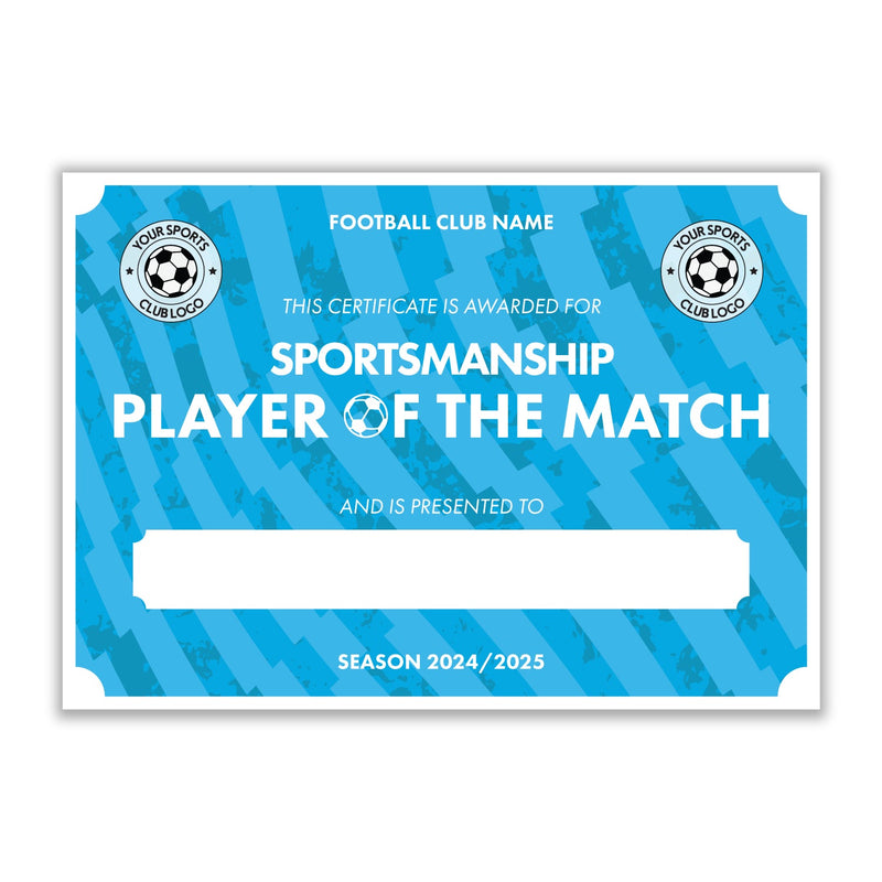Personalised Football Club Certificates - Sportsmanship Player Of The Match Custom Design (9 Colours)