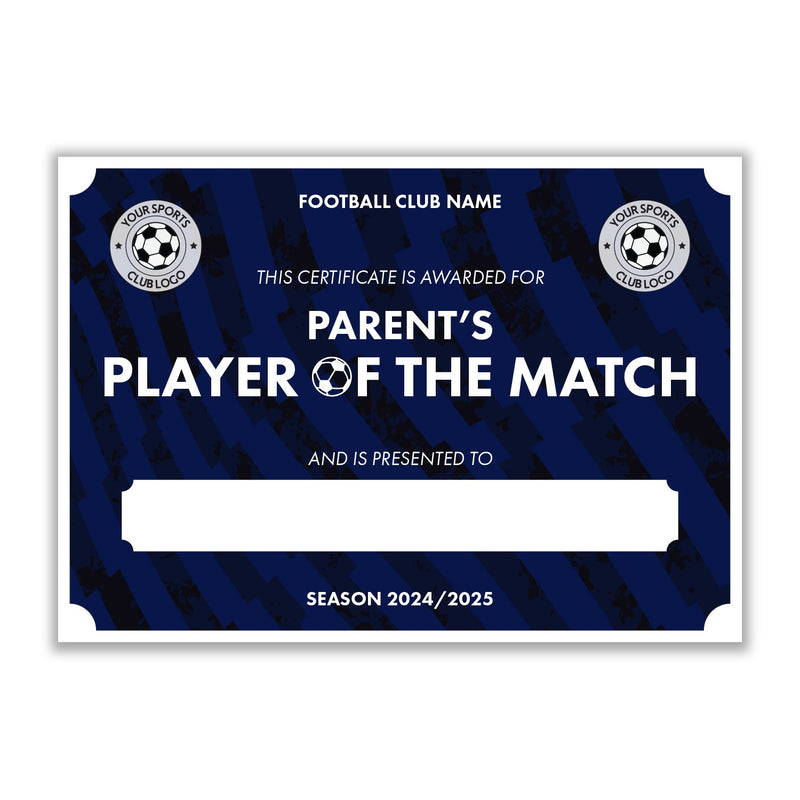 Personalised Football Club Certificates - Parent's Player Of The Match Custom Design (9 Colours)