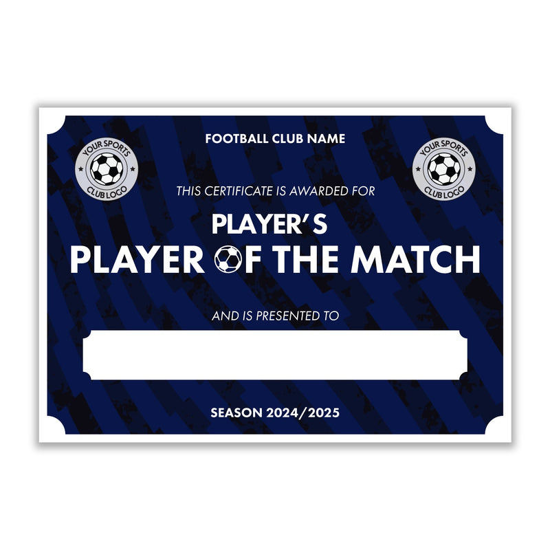 Personalised Football Club Certificates - Player's Player Of The Match Custom Design (9 Colours)