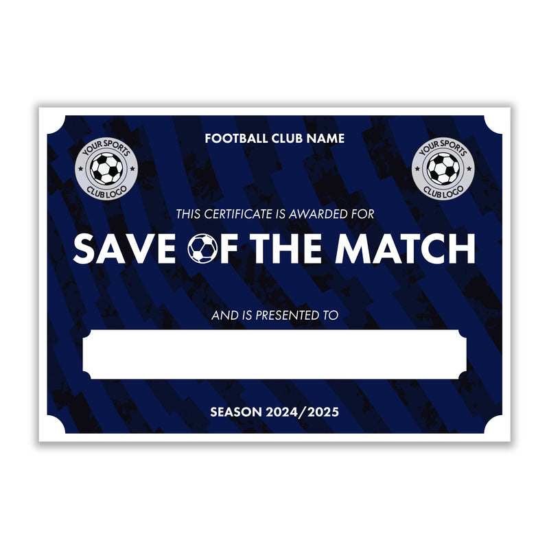 Personalised Football Club Certificates - Save Of The Match Custom Design (9 Colours)