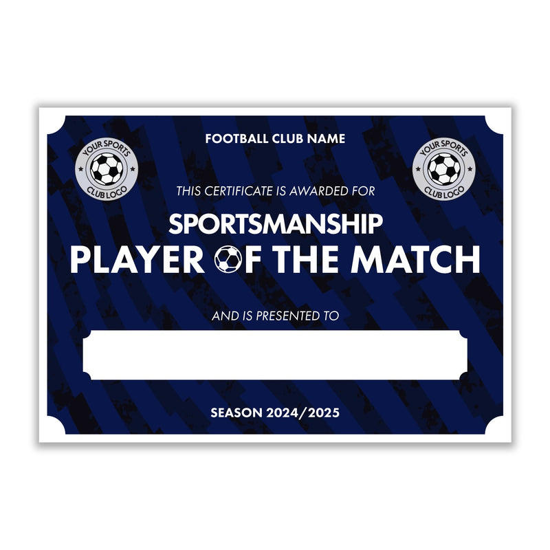 Personalised Football Club Certificates - Sportsmanship Player Of The Match Custom Design (9 Colours)