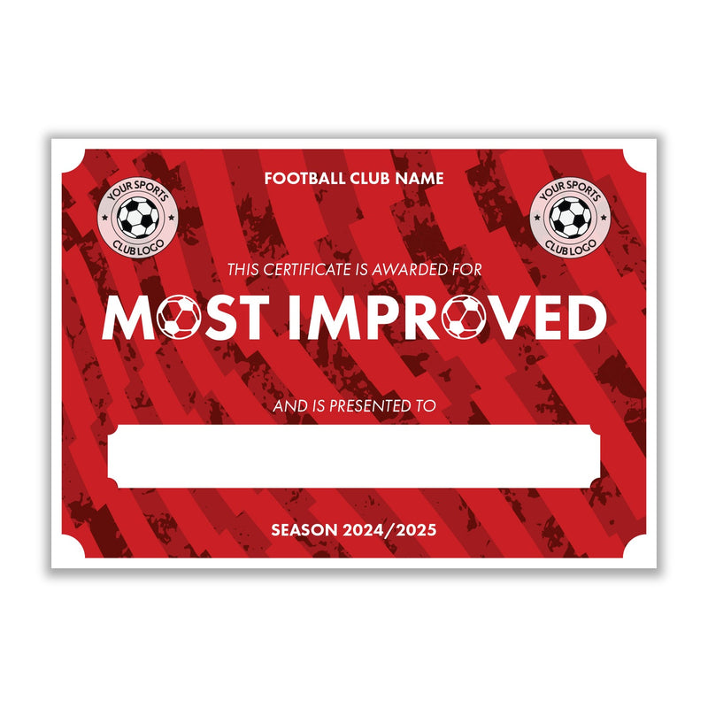 Personalised Football Club Certificates - Most Improved Player Custom Design (9 Colours)