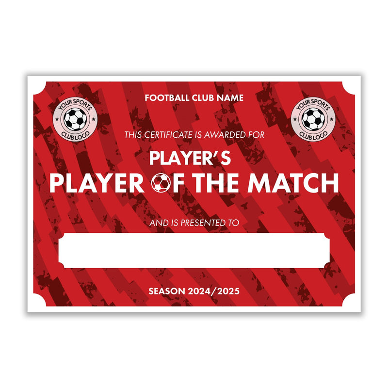 Personalised Football Club Certificates - Player's Player Of The Match Custom Design (9 Colours)