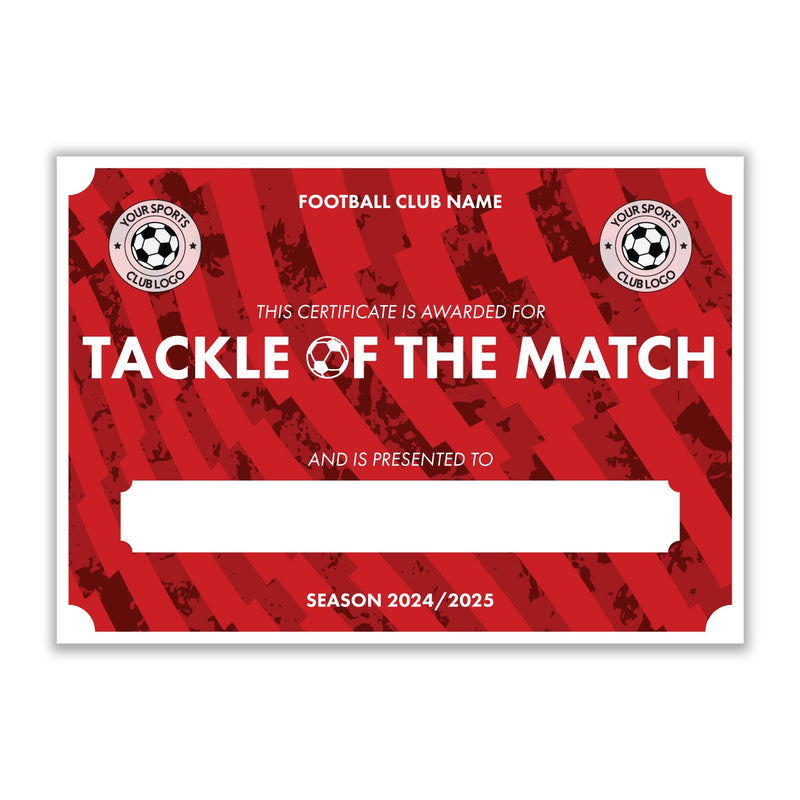 Personalised Football Club Certificates - Tackle Of The Match Custom Design (9 Colours)