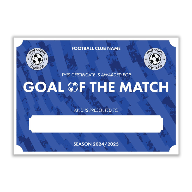 Personalised Football Club Certificates - Goal Of The Match Custom Design (9 Colours)