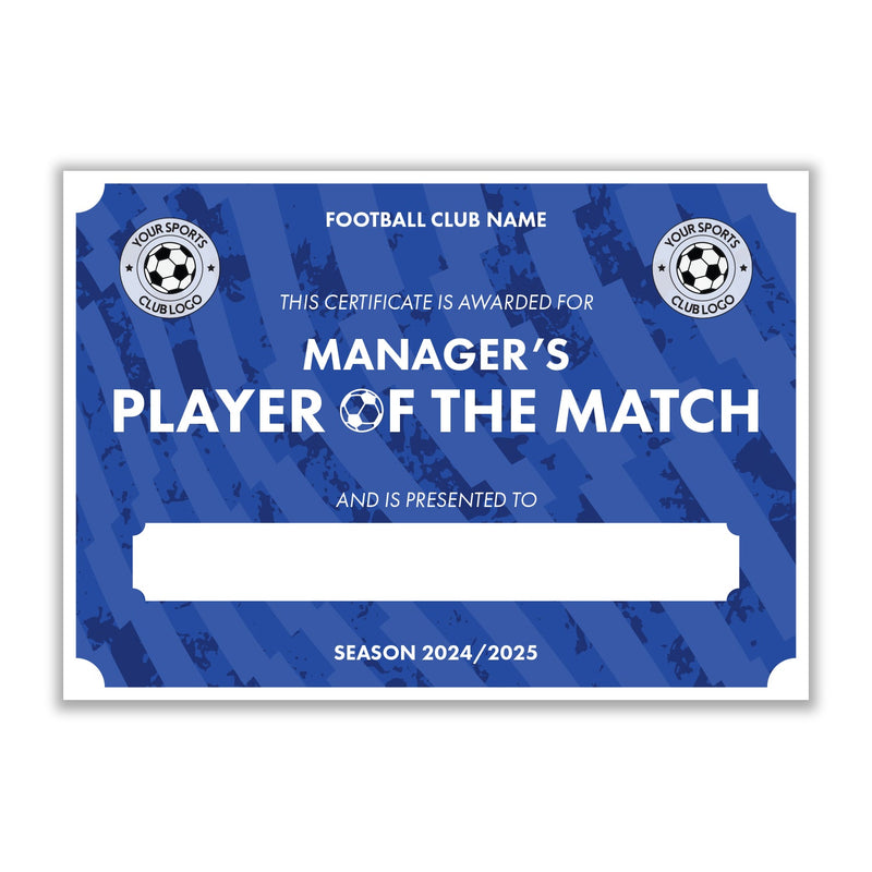 Personalised Football Club Certificates - Manager's Player Of The Match Custom Design (9 Colours)