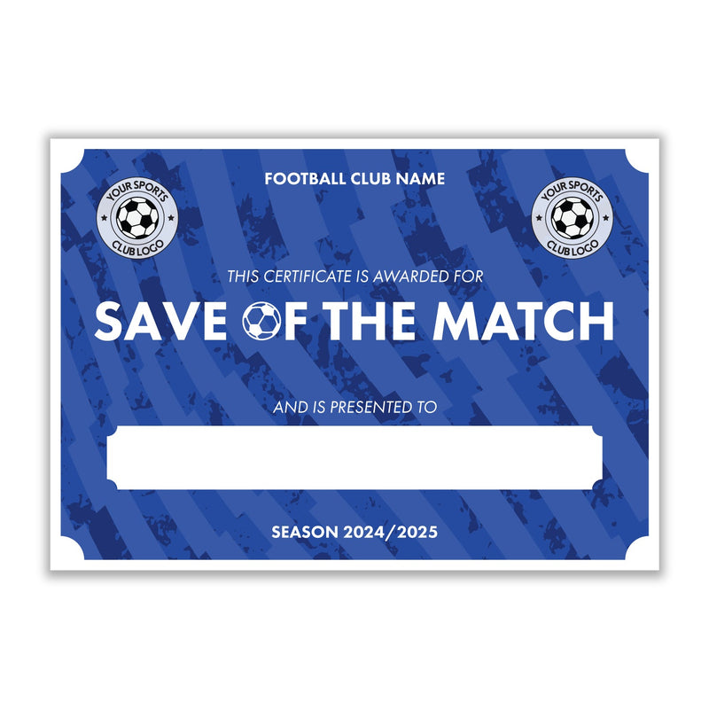 Personalised Football Club Certificates - Save Of The Match Custom Design (9 Colours)