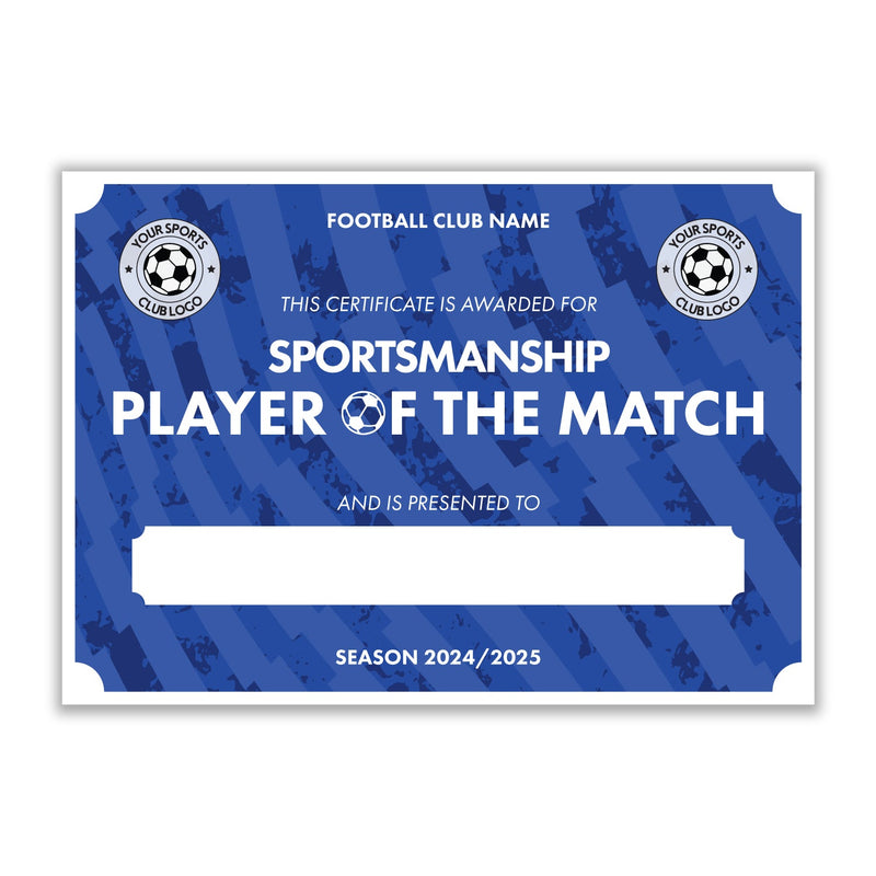 Personalised Football Club Certificates - Sportsmanship Player Of The Match Custom Design (9 Colours)